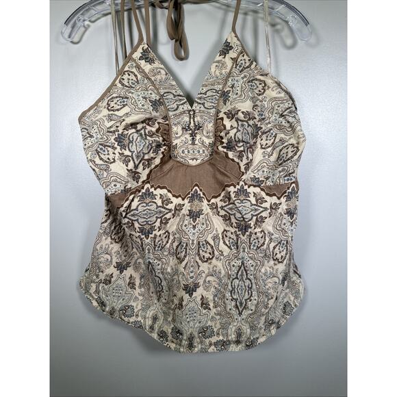 Y2K Lane Bryan Floral Halter Top SZ 18 Paisley‎ Embellished Gems Tan Teal Linen - Picture 2 of 11